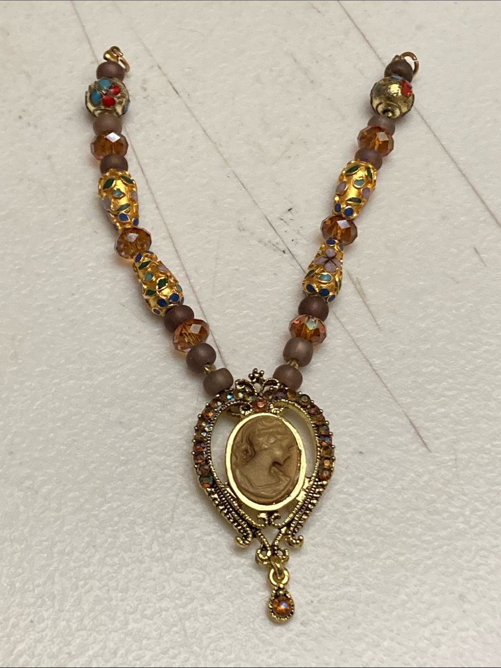 Vintage Retro Y2K Gold Tone Lady Cameo Pendant with AB Rhinestone Accents